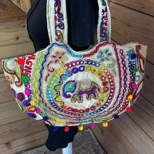 Large Rainbow Embroidered Tote Bag Elephant Colourful Pride 19” x 12”